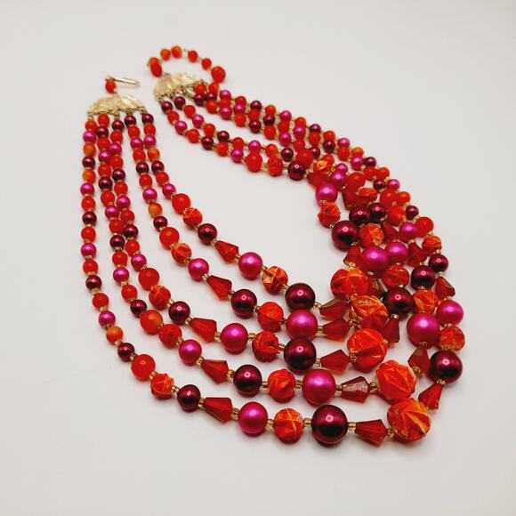 Vintage Japan 1950s 5 Strand Red Pink Beaded Necklace 17” Signed Hook - Picture 8 of 12